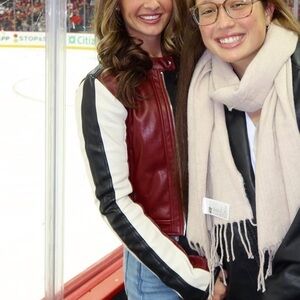 Mango Red Faux Leather Moto Jacket with Black and White Accents